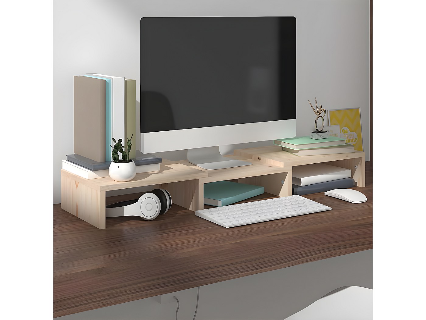 Supporto Regolabile Per Monitor In Truciolato Bianco – 60x24x10,5 Cm, Estensibile A 90 Cm, Angolo Regolabile, Portata 40 Kg