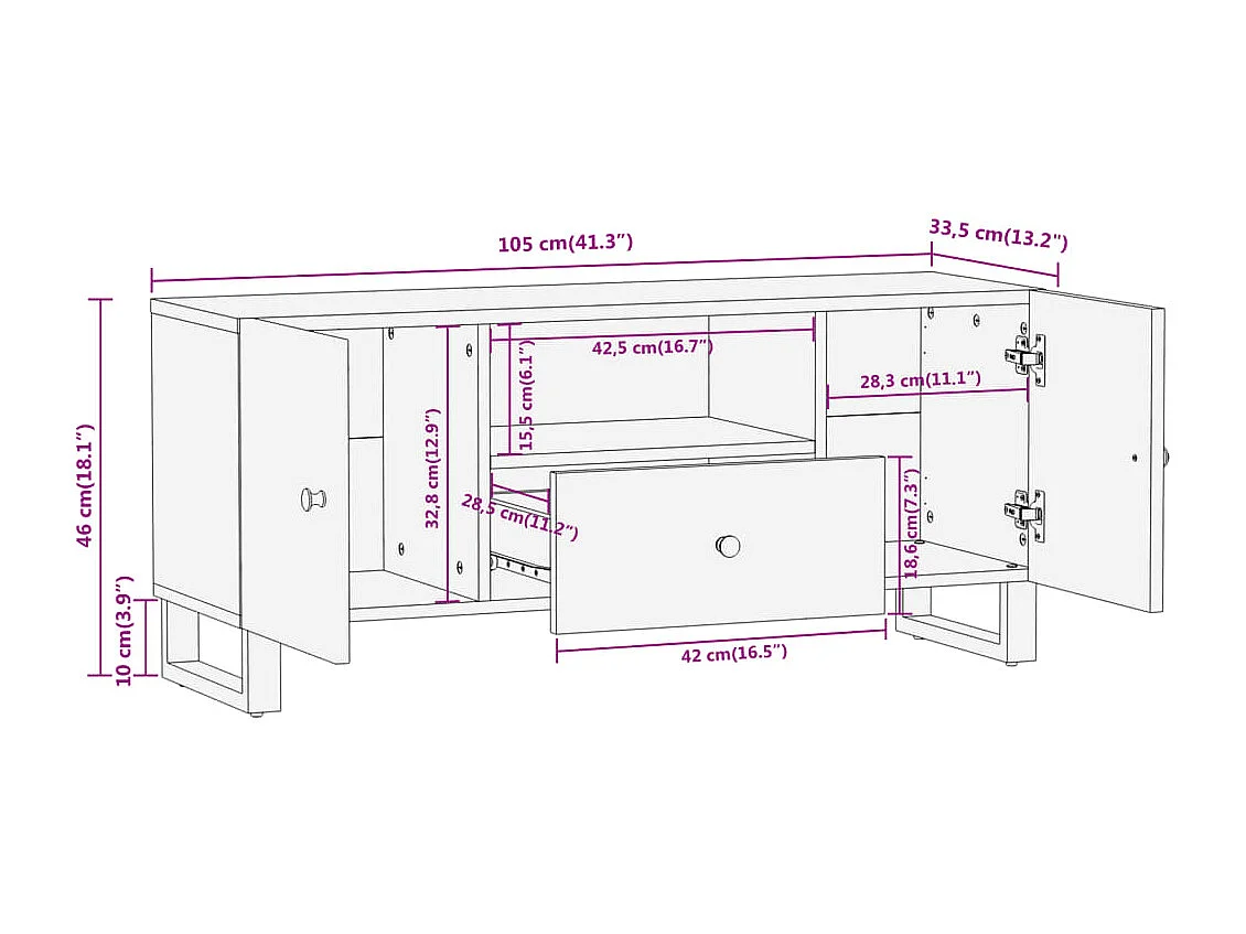 Mobile TV marrone e nero 105x33,5x46 cm in legno massello di mango