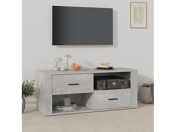 Mobile TV Angolare In Legno Multistrato Grigio Cemento – 4 Ripiani, 100x40x68 Cm, Con Presa USB E Montaggio A Parete