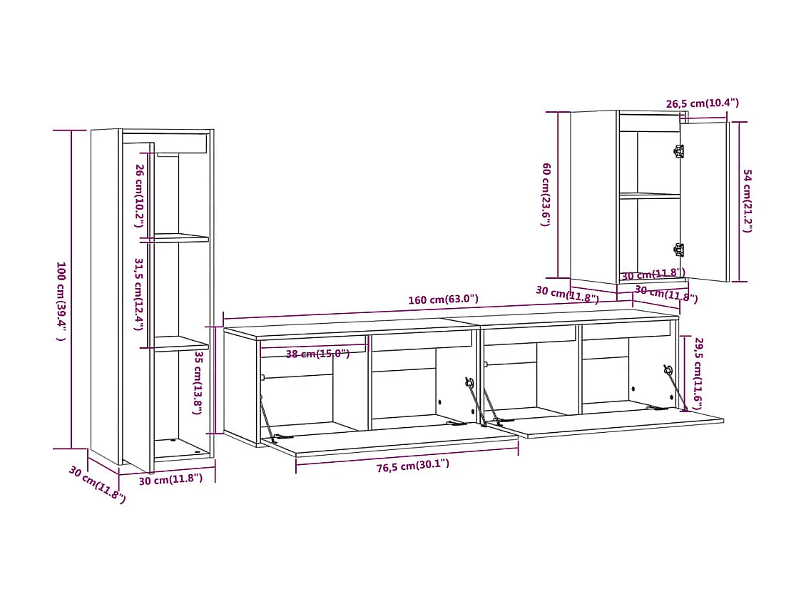 Meubles TV 4 pcs Blanc Bois massif de pin