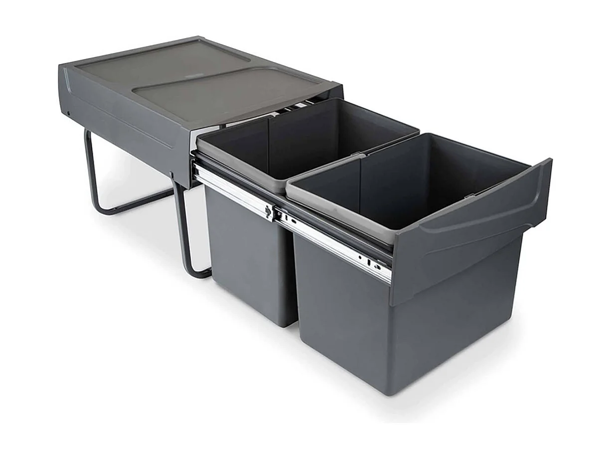 Pattumiere per raccolta differenziata per cucina 2x15 L, fissaggio inferiore ed estrazione manuale, Plastica grigio antracite.