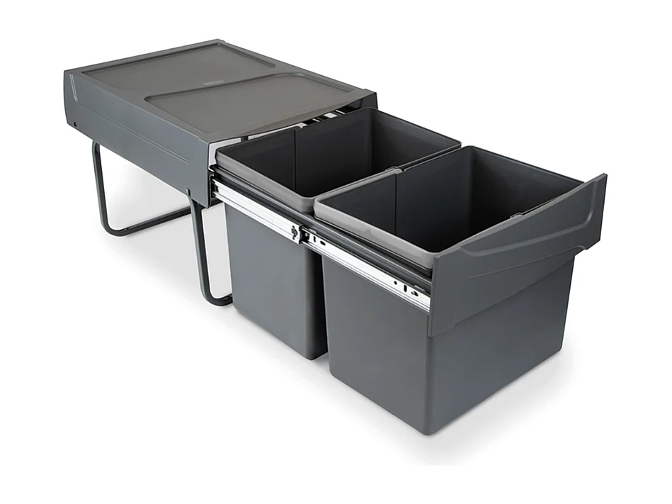 Pattumiere per raccolta differenziata per cucina 2x15 L, fissaggio inferiore ed estrazione manuale, Plastica grigio antracite.