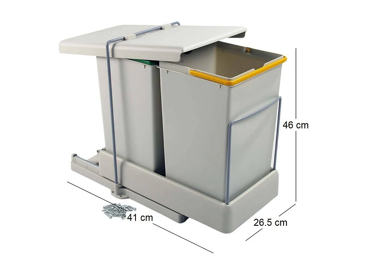Pattumiera per differenziata da fissaggio inferiore ed estrazione manuale con 2 contenitore da 14 litri., Plastica grigia.
