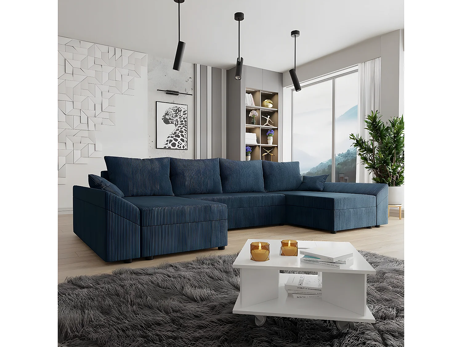 Canapé panoramique "Vaugirard" en velours côtelé - 5 places - Bleu