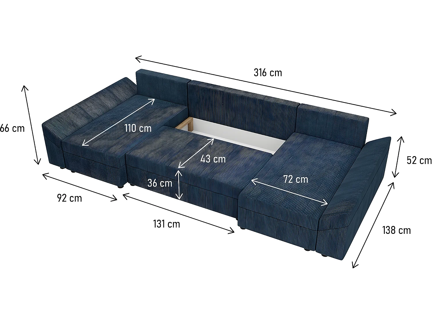 Canapé panoramique "Vaugirard" en velours côtelé - 5 places - Bleu