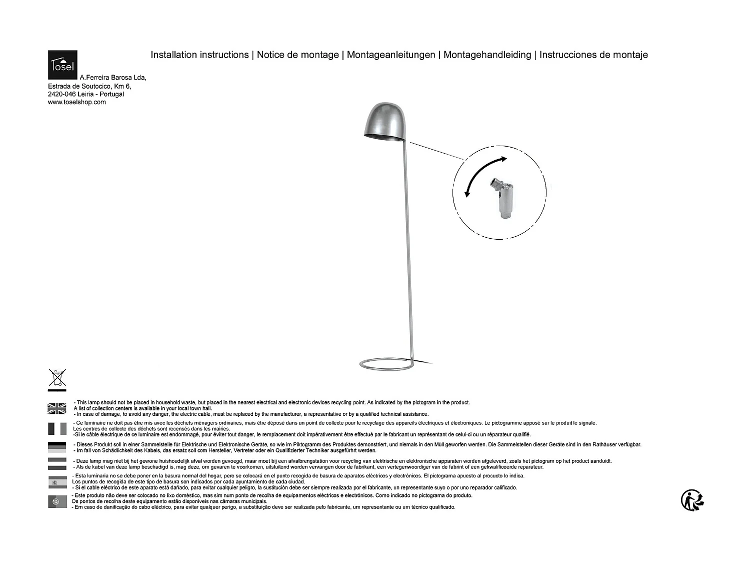 Candeeiro de pé para leitura TOSEL BOLLYWOOD metal articulado preto D40 x  H150  cm