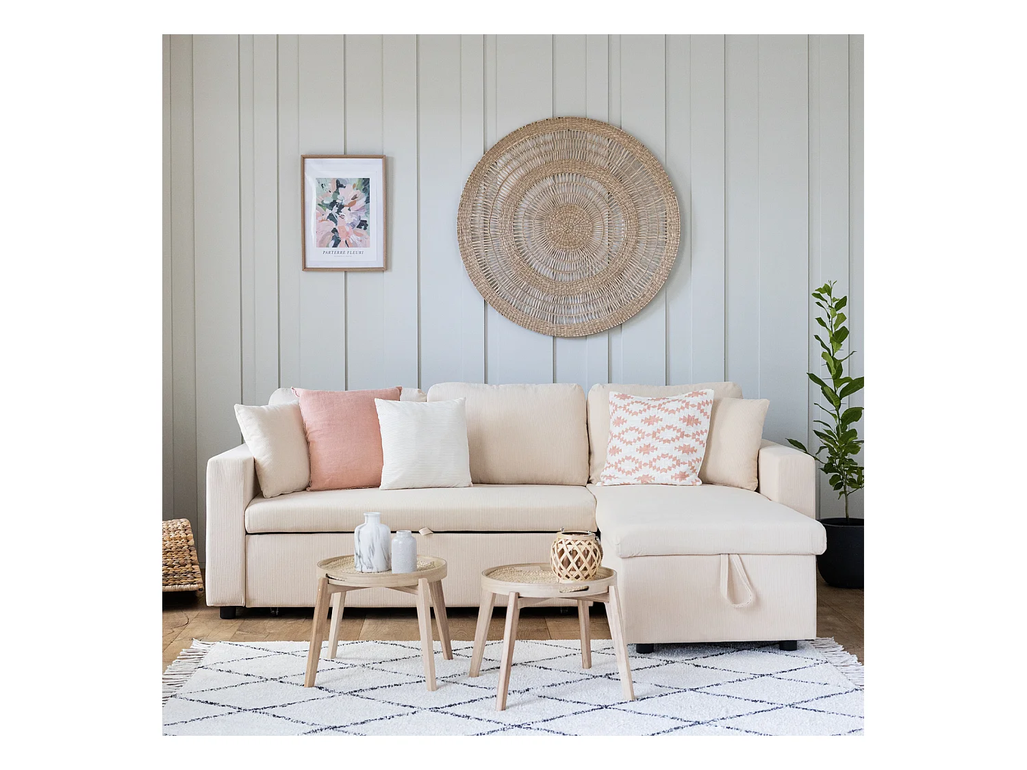 CLARK Sofá-cama de canto em bombazina bege de 3 lugares