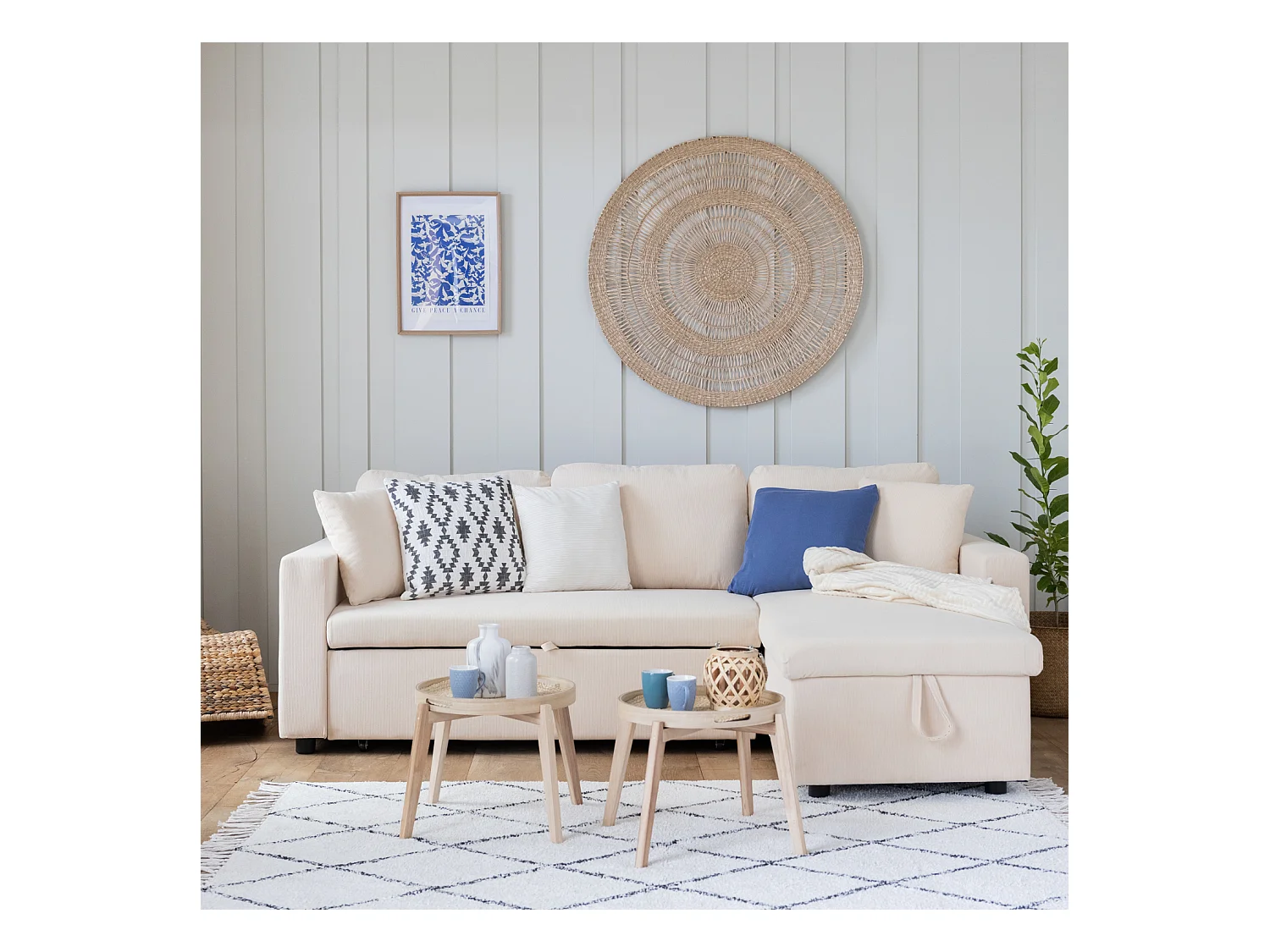 Canapé d'angle convertible CLARK 3 places en velours côtelé beige - HAPPY GARDEN