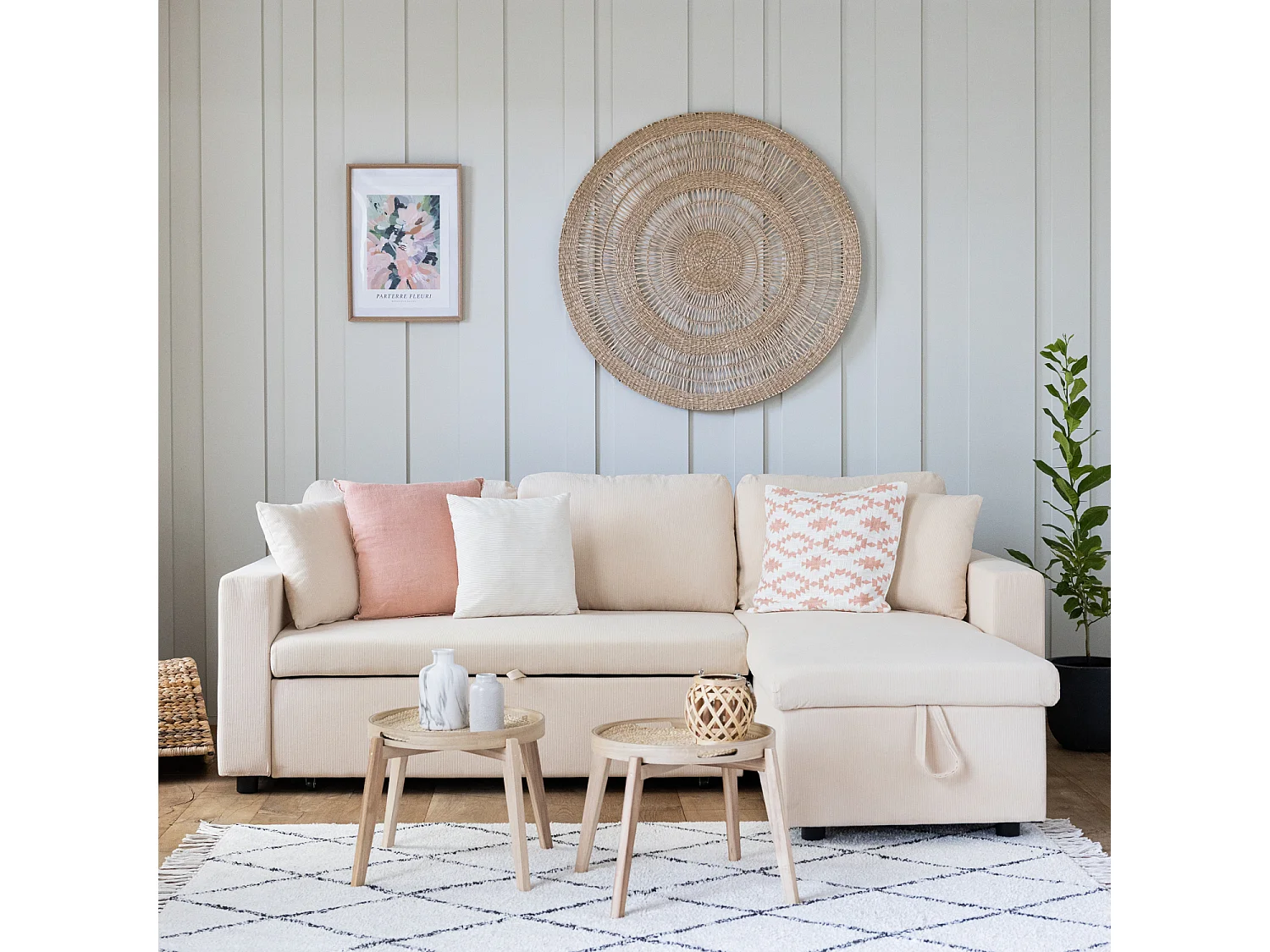 CLARK Divano letto angolare a 3 posti in velluto a coste beige