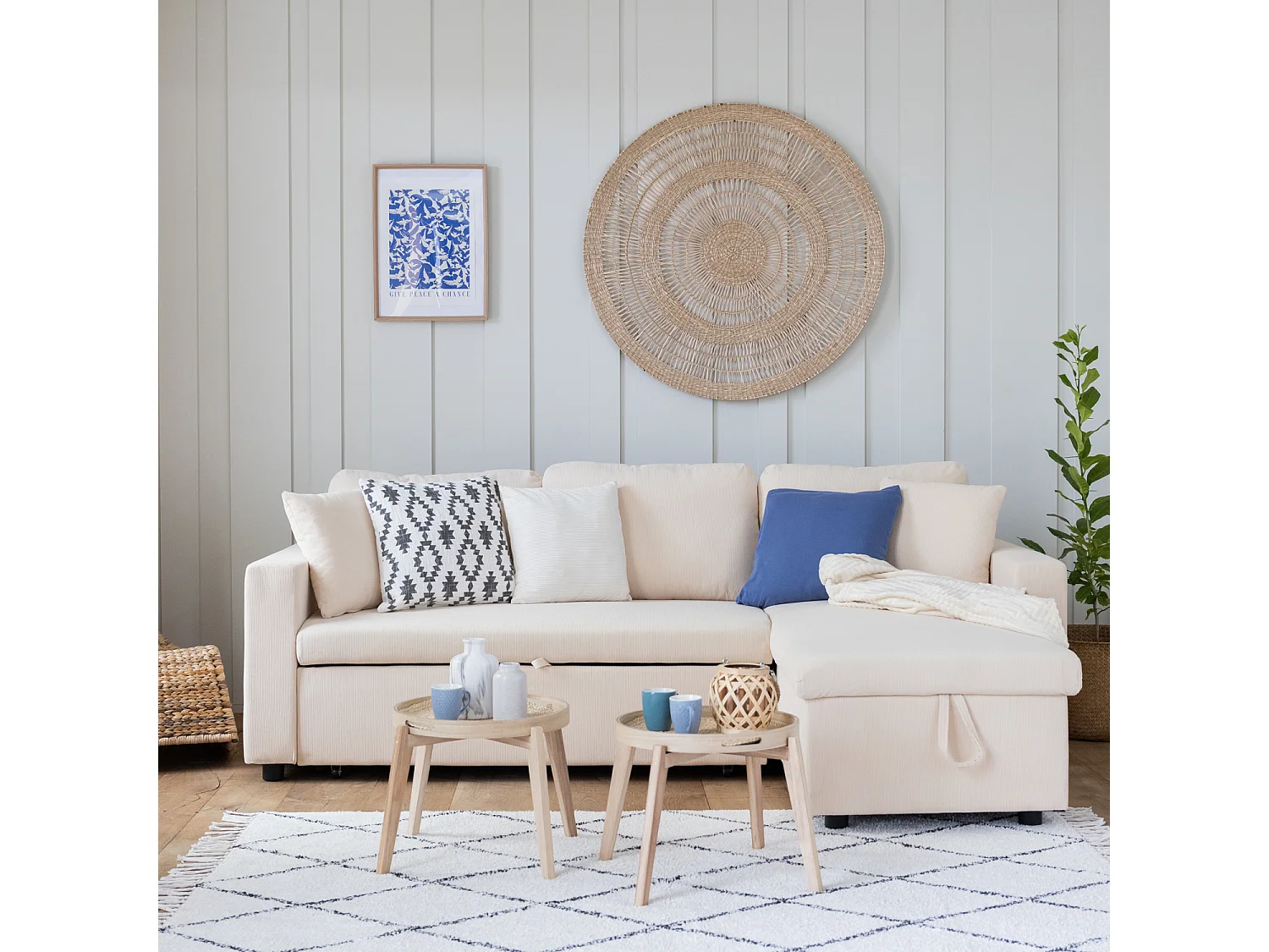 Canapé d'angle convertible CLARK 3 places en velours côtelé beige - HAPPY GARDEN