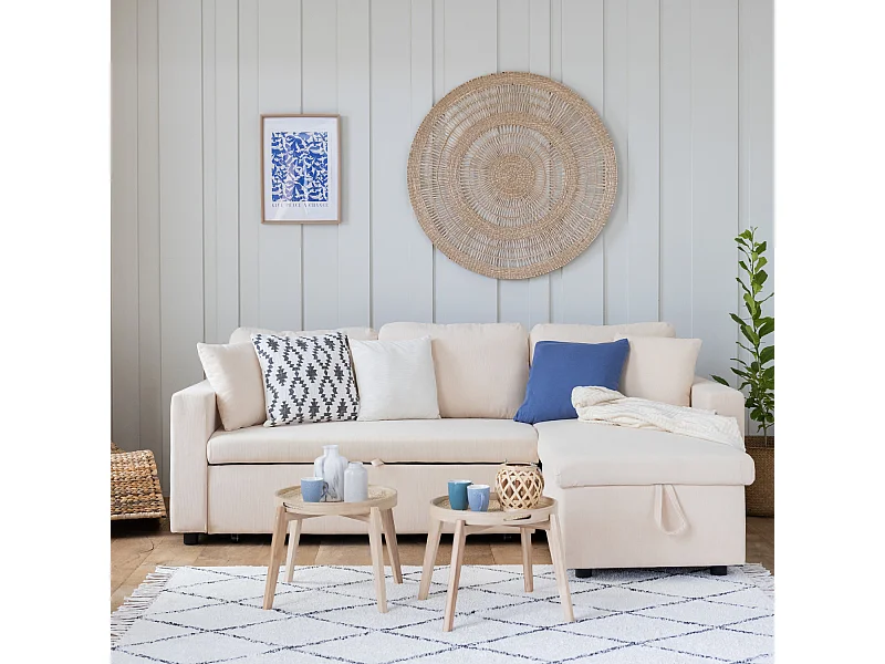 Canapé d'angle convertible CLARK 3 places en velours côtelé beige - HAPPY GARDEN