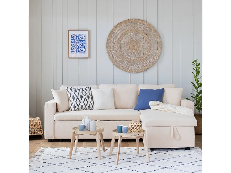 Canapé d'angle convertible CLARK 3 places en velours côtelé beige - HAPPY GARDEN