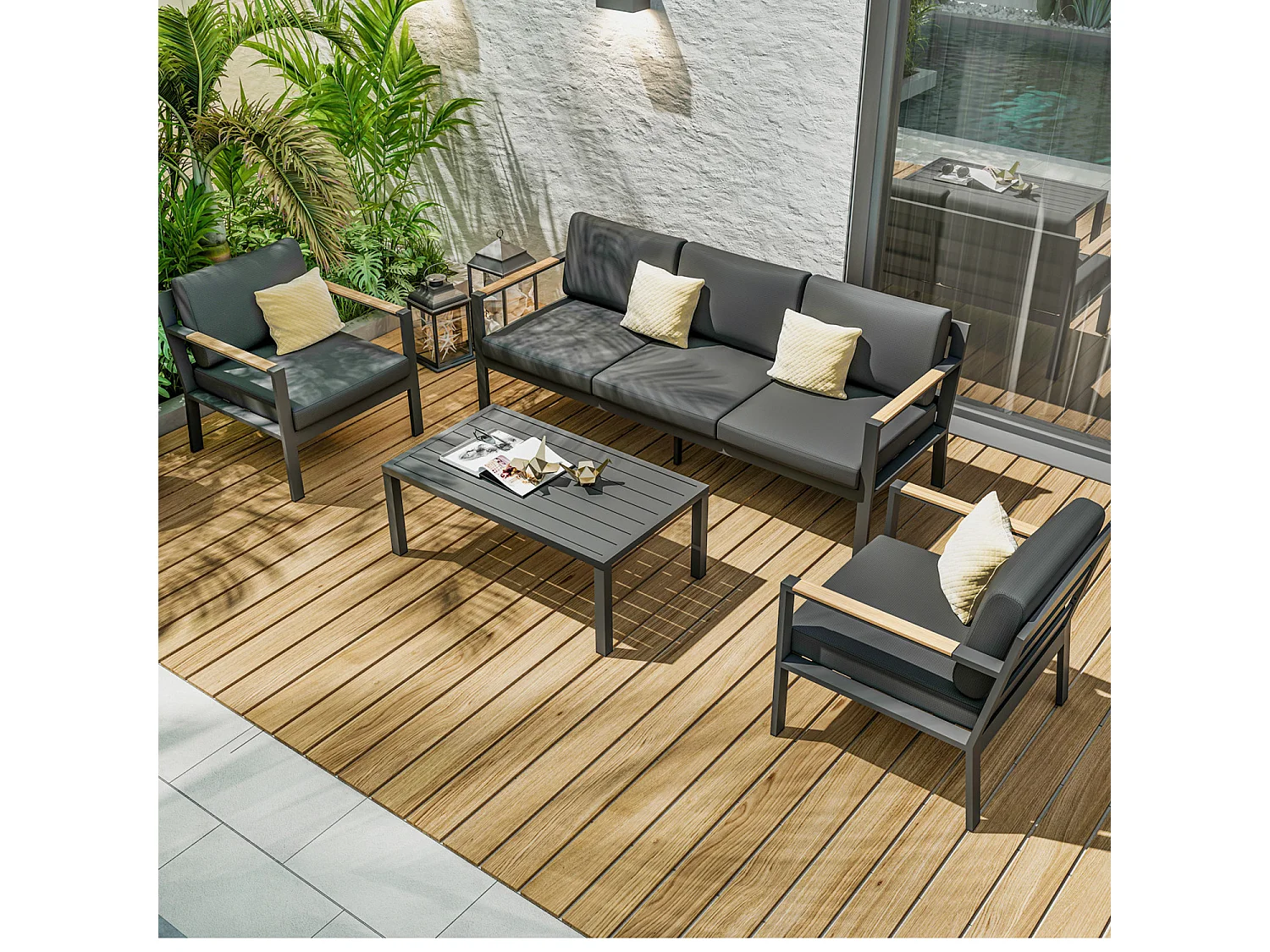 Salon de jardin design en aluminium 5 Places - Gris anthracite et naturel - MABILLON