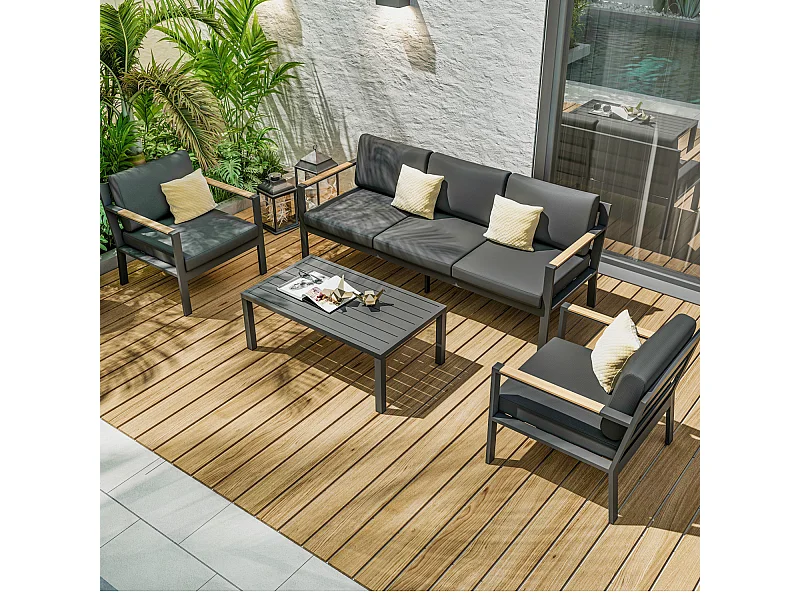 Salon de jardin design en aluminium 5 Places - Gris anthracite et naturel - MABILLON