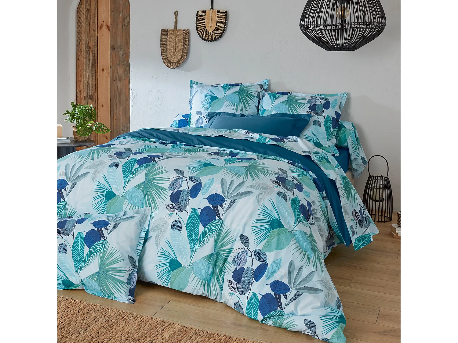 Housse de couette 260x240 cm percale de coton MOOREA PACIFIC bleu/vert