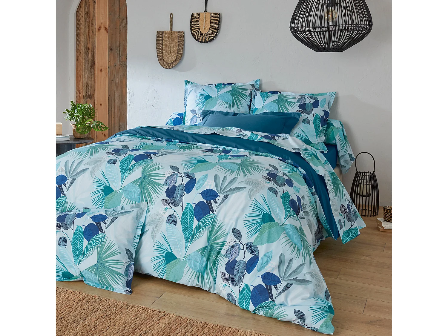 Housse de couette 200x200 cm percale de coton MOOREA PACIFIC bleu/vert