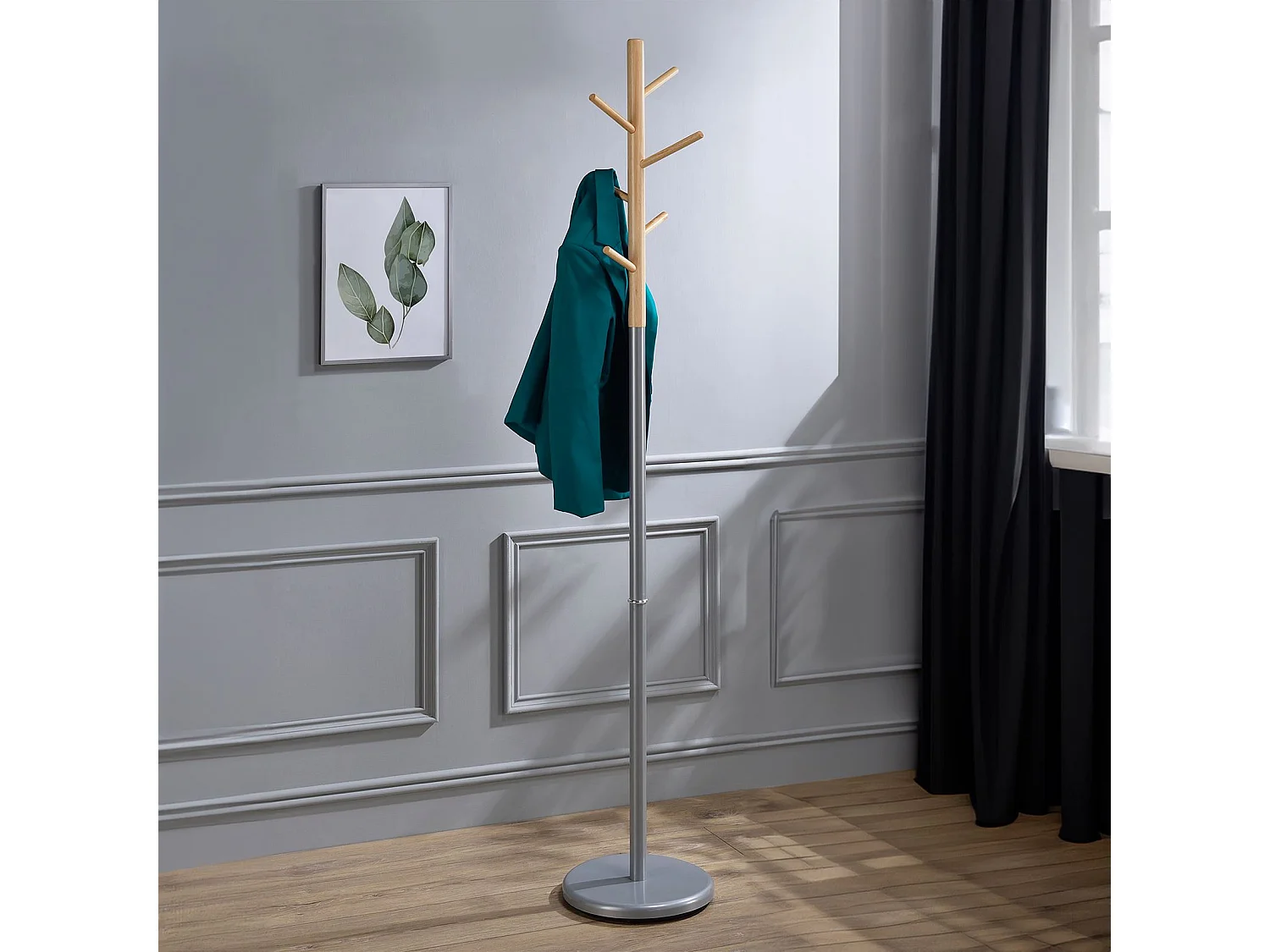 Porte-manteaux ENRICO portant à vêtements sur pied en forme d'arbre avec 6 crochets, en métal laqué gris et bois