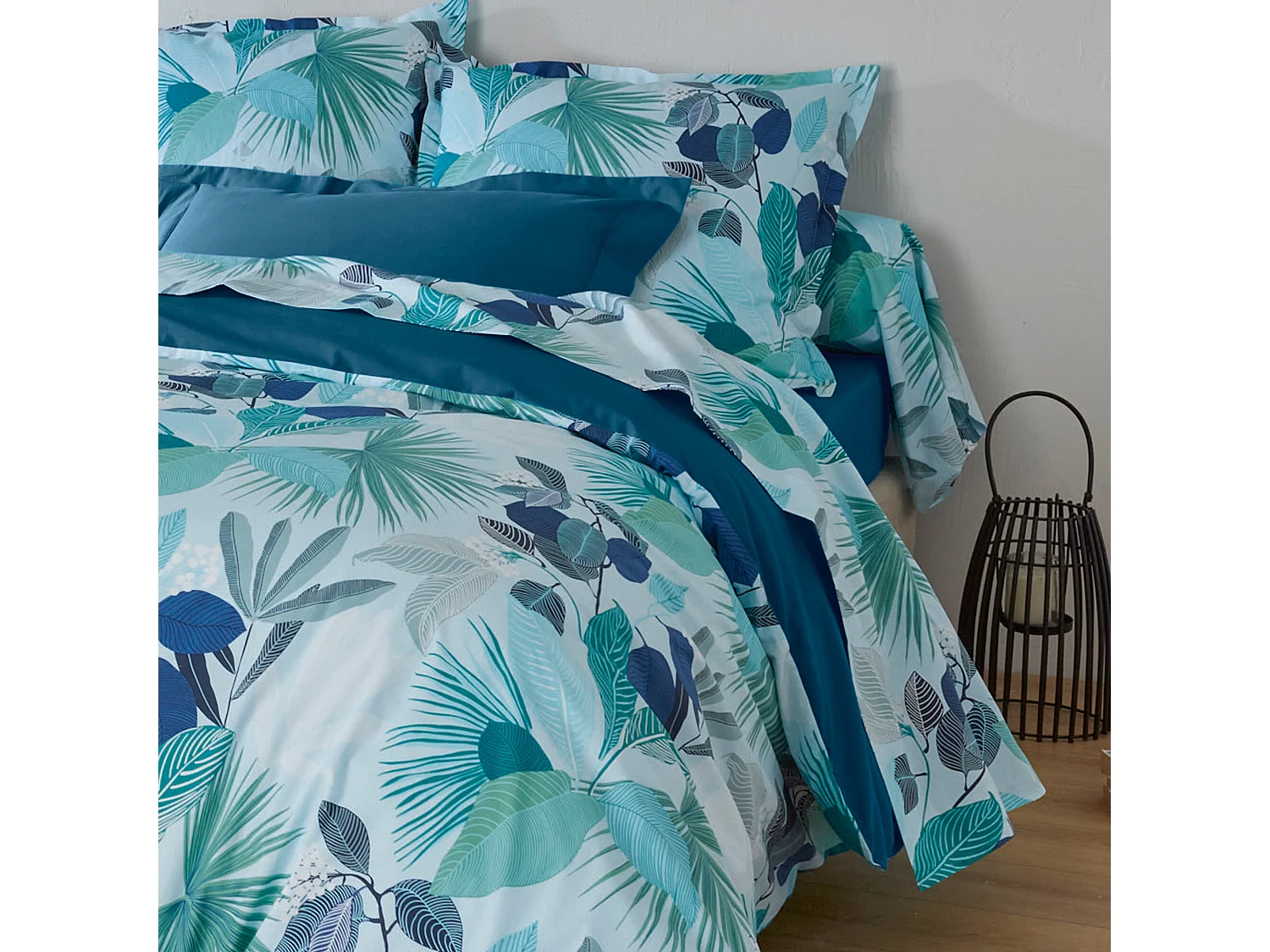 Drap plat 180x290 cm percale de coton MOOREA PACIFIC bleu/vert