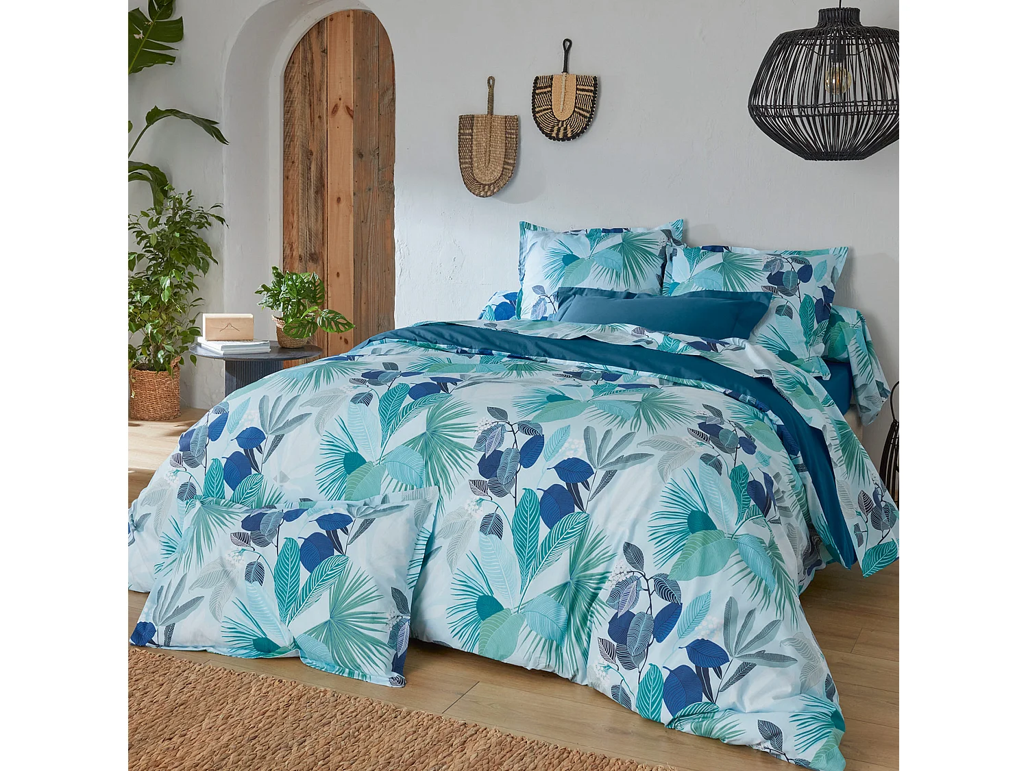 Drap plat 240x310 cm percale de coton MOOREA PACIFIC bleu/vert