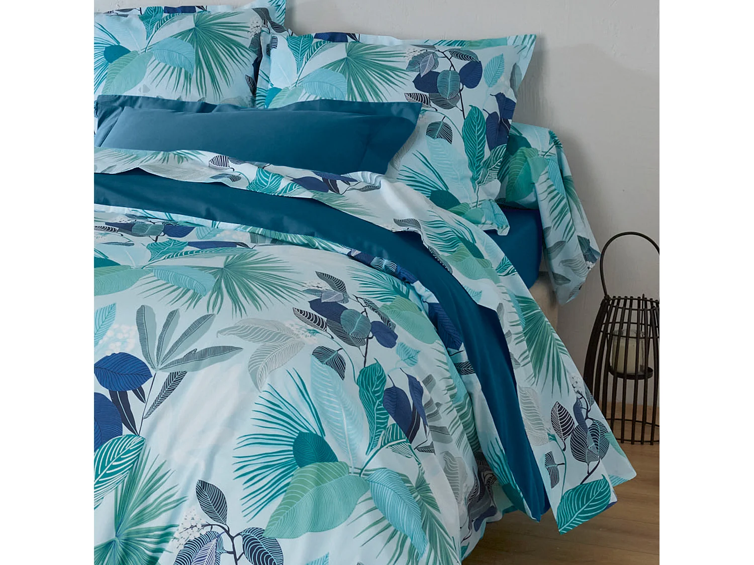 Drap plat 280x325 cm percale de coton MOOREA PACIFIC bleu/vert