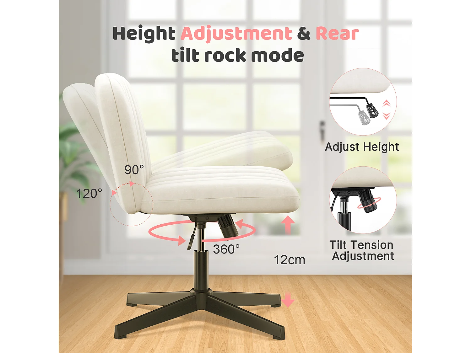 Stijlvolle armloze bureaustoel - Hoogte verstelbaar, brede stoel, perfect voor thuiskantoor en slaapkamer