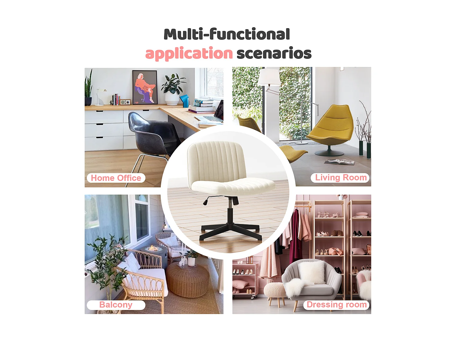 Stijlvolle armloze bureaustoel - Hoogte verstelbaar, brede stoel, perfect voor thuiskantoor en slaapkamer