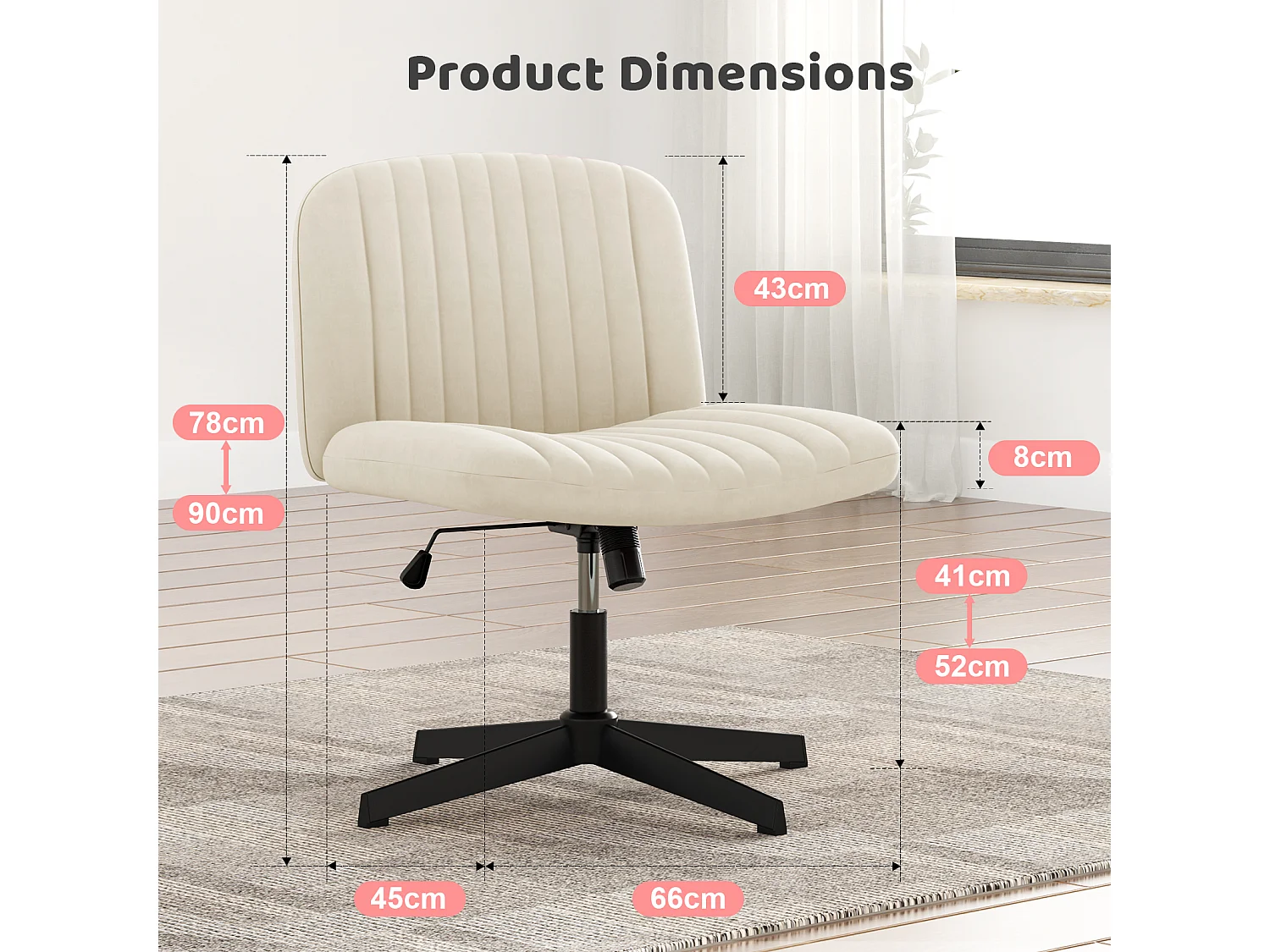 Stijlvolle armloze bureaustoel - Hoogte verstelbaar, brede stoel, perfect voor thuiskantoor en slaapkamer