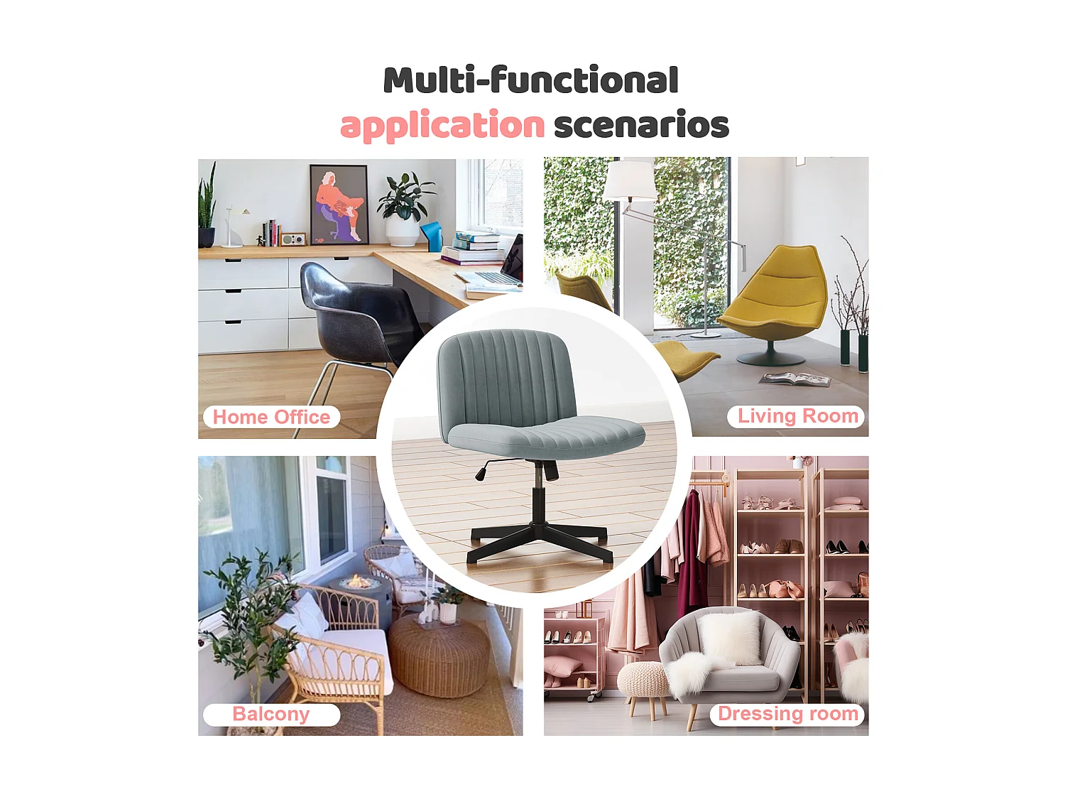 Stilvoller armloser Bürostuhl - Höhe verstellbar, breiter Sitz, perfekt für Heimbüro und Schlafzimmer