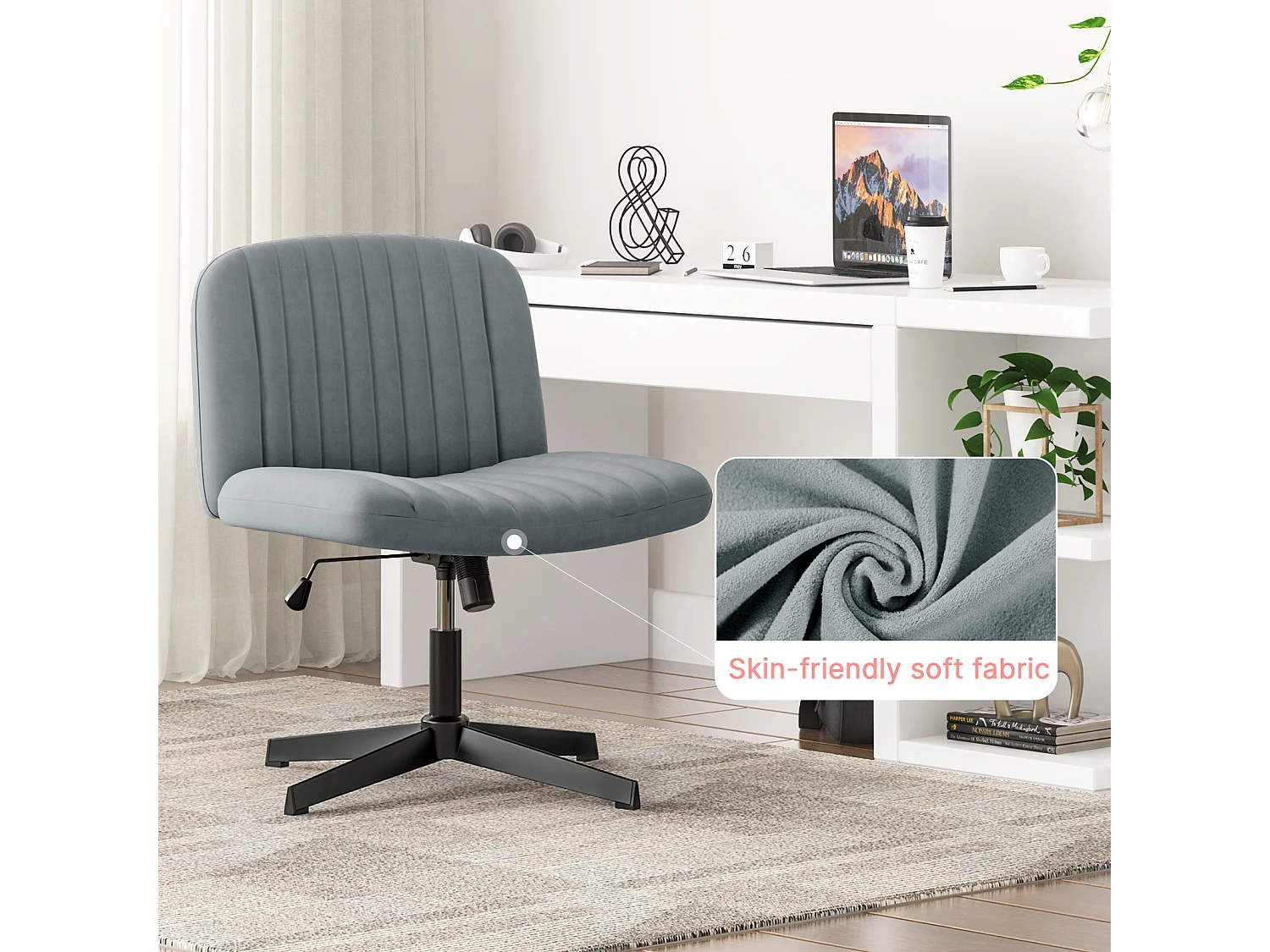 Stilvoller armloser Bürostuhl - Höhe verstellbar, breiter Sitz, perfekt für Heimbüro und Schlafzimmer