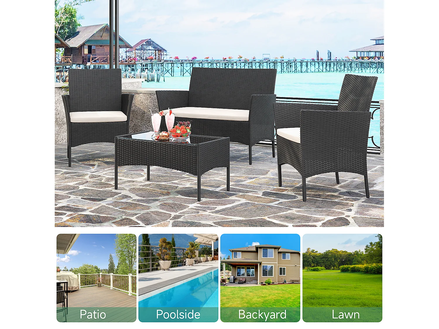 4 -teiliges Rattan -Gartenmöbel Set