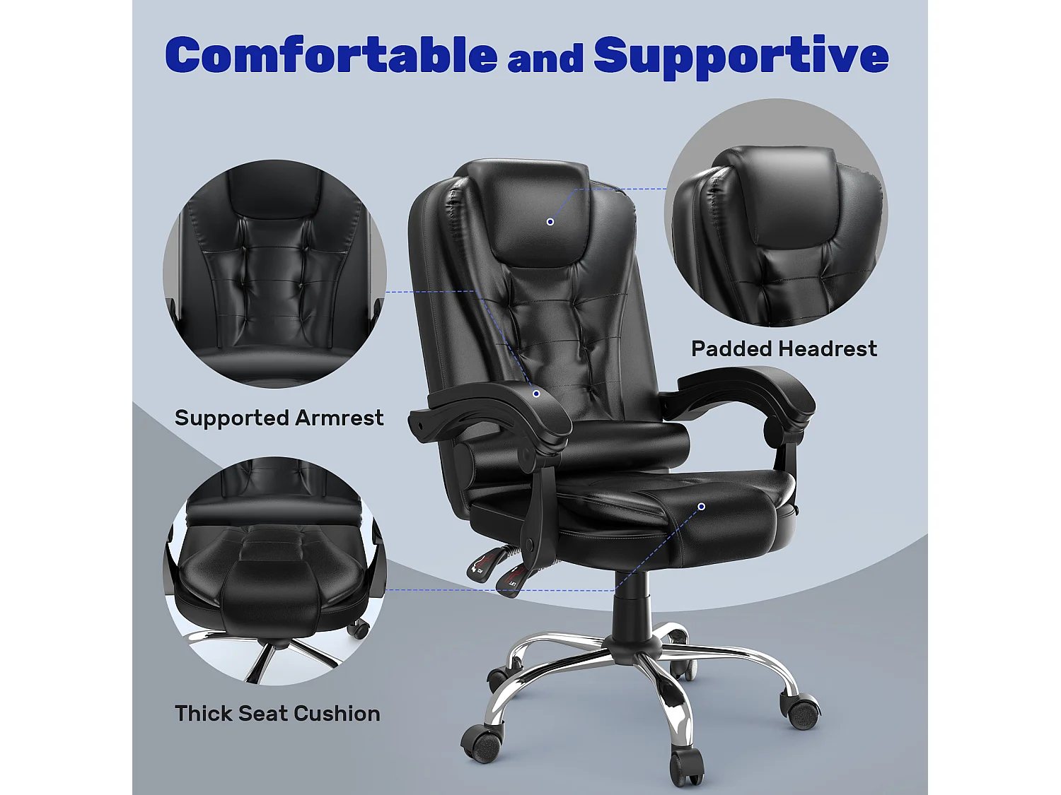 Chaise d'ordinateur Chaise de jeu en cuir PU avec fonction d'inclinaison pour le travail à domicile ou au bureau