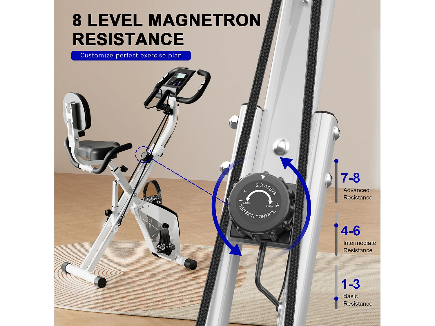Vélo d'exercice pliant 3 en 1, vélo d'exercice couché X-Bike magnétique avec résistance réglable à 8 niveaux pour l'entraînement à la maison