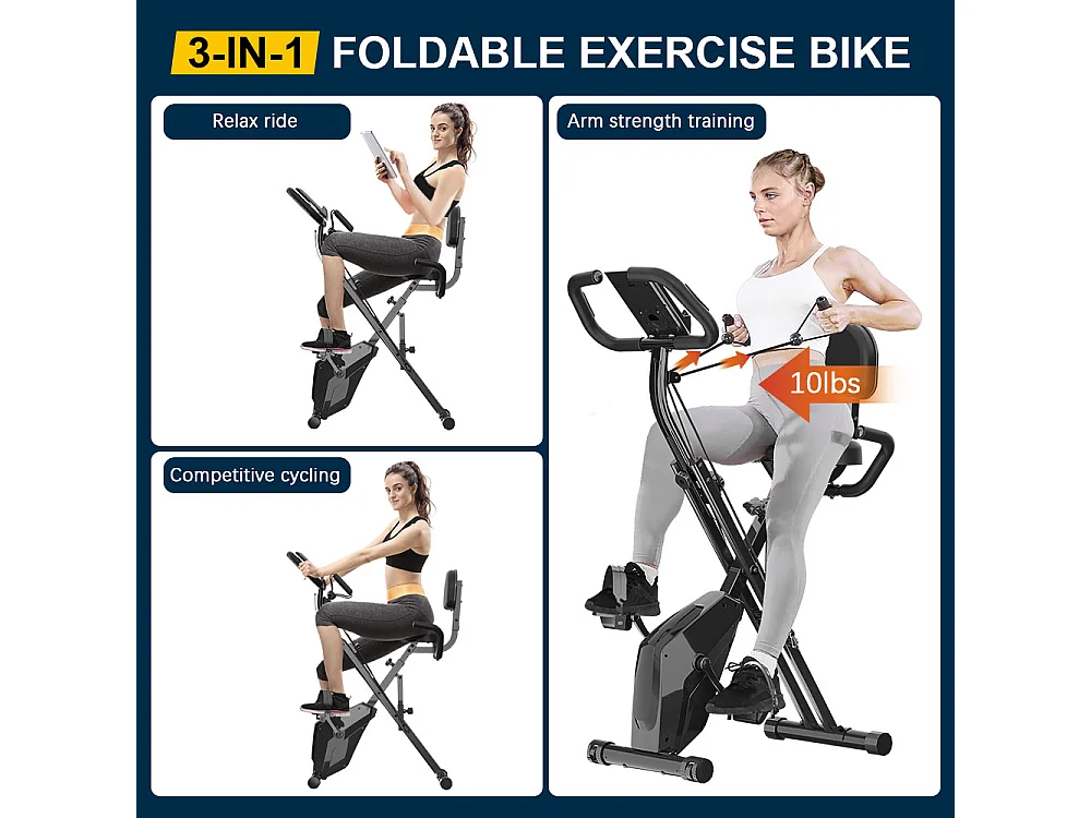 3 In 1 Opvouwbare Hometrainer, Magnetische X-Bike Ligfiets Fitness Bike met 8-Level Verstelbare Weerstand voor Home Gym Workout