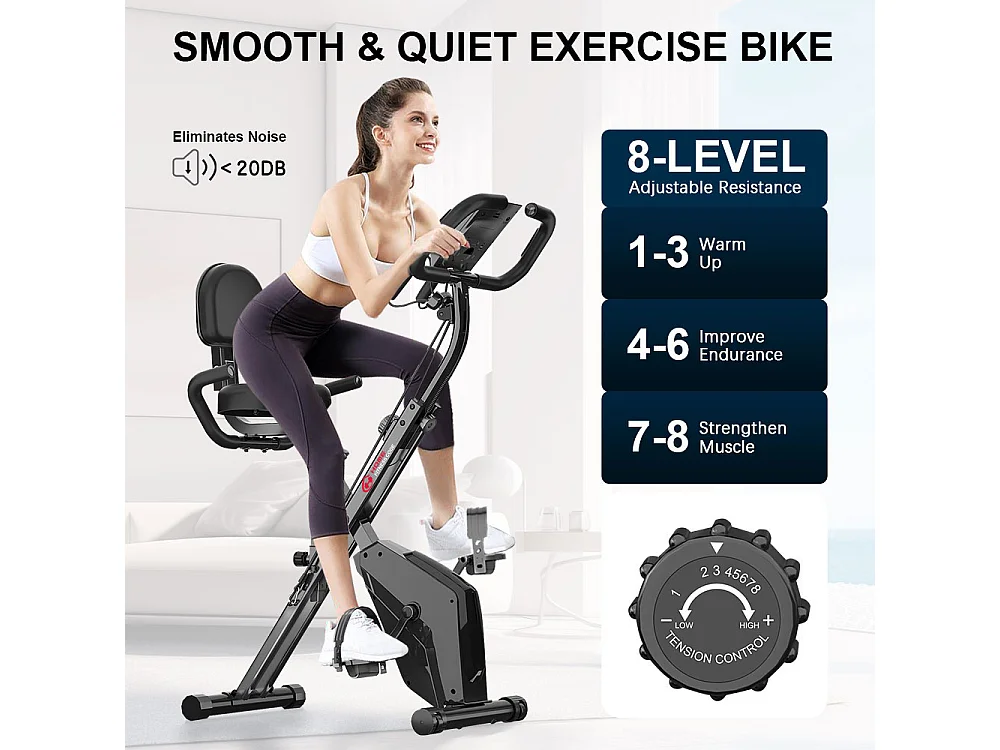 3 In 1 Opvouwbare Hometrainer, Magnetische X-Bike Ligfiets Fitness Bike met 8-Level Verstelbare Weerstand voor Home Gym Workout