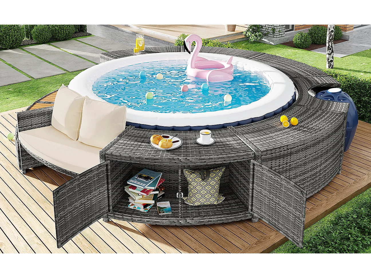 Tuinmeubelset voor zwembad - in PE Rotan en acaciahout - met chaise longue bank - Grijs (zwembad niet inbegrepen)