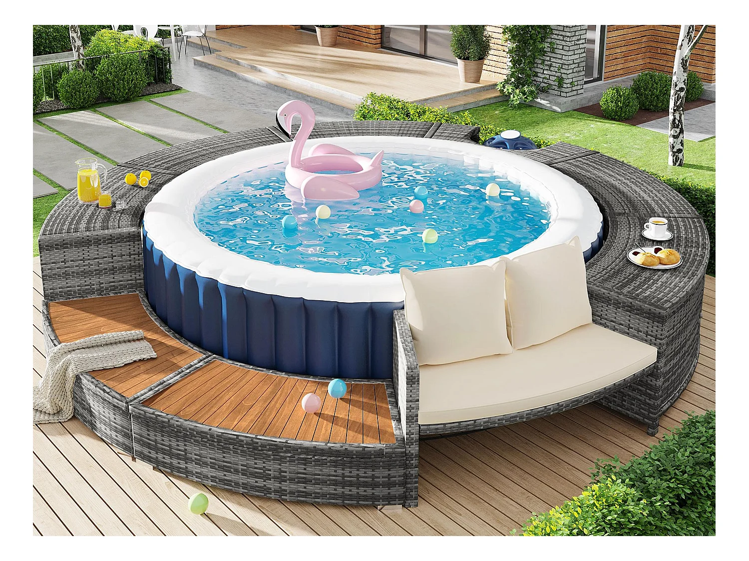 Ensemble de salon de jardin pour piscine - en Rotin PE et bois d'acacia - avec canapé méridienne - Gris (piscine non inclus)