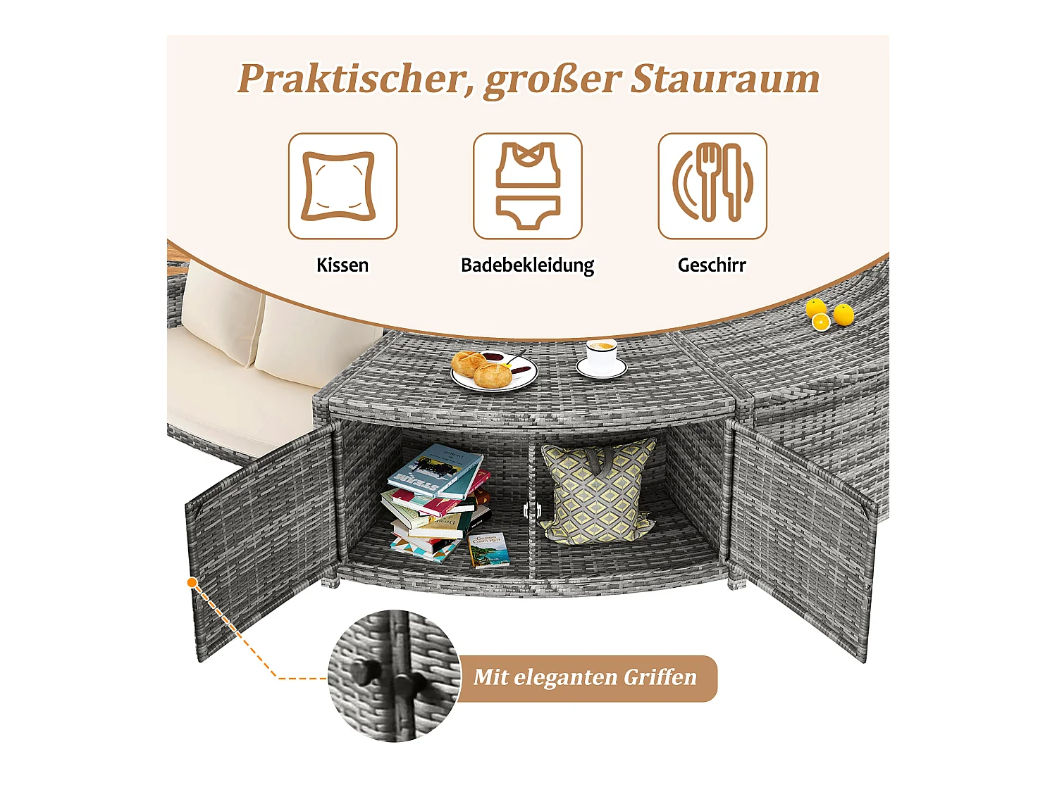 Tuinmeubelset voor zwembad - in PE Rotan en acaciahout - met chaise longue bank - Grijs (zwembad niet inbegrepen)