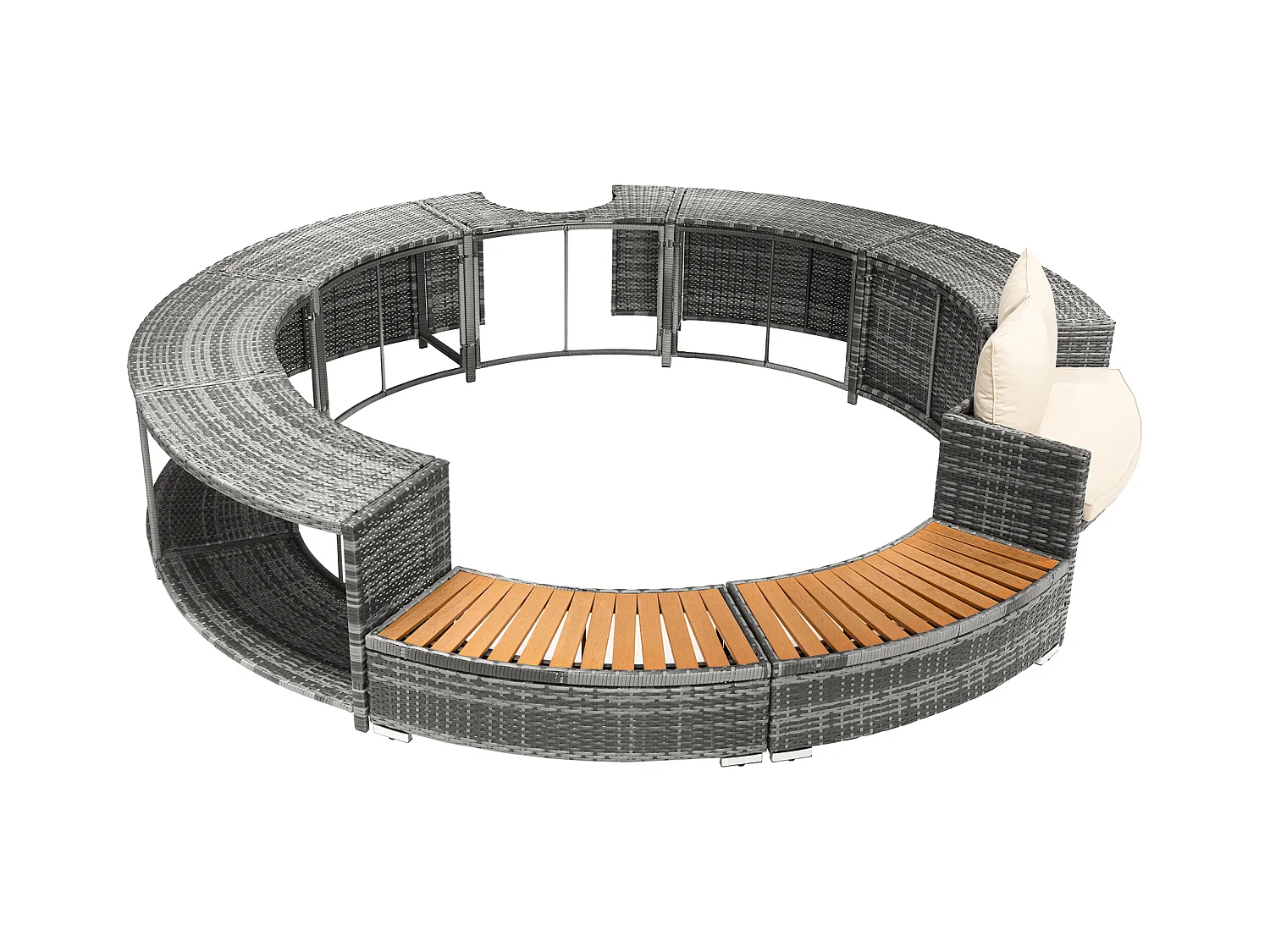 Tuinmeubelset voor zwembad - in PE Rotan en acaciahout - met chaise longue bank - Grijs (zwembad niet inbegrepen)