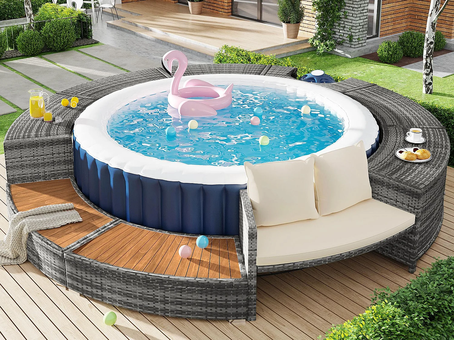 Set mobili da giardino per piscina - in PE Rattan e legno di acacia - con divano chaise longue - Grigio (piscina non inclusa)