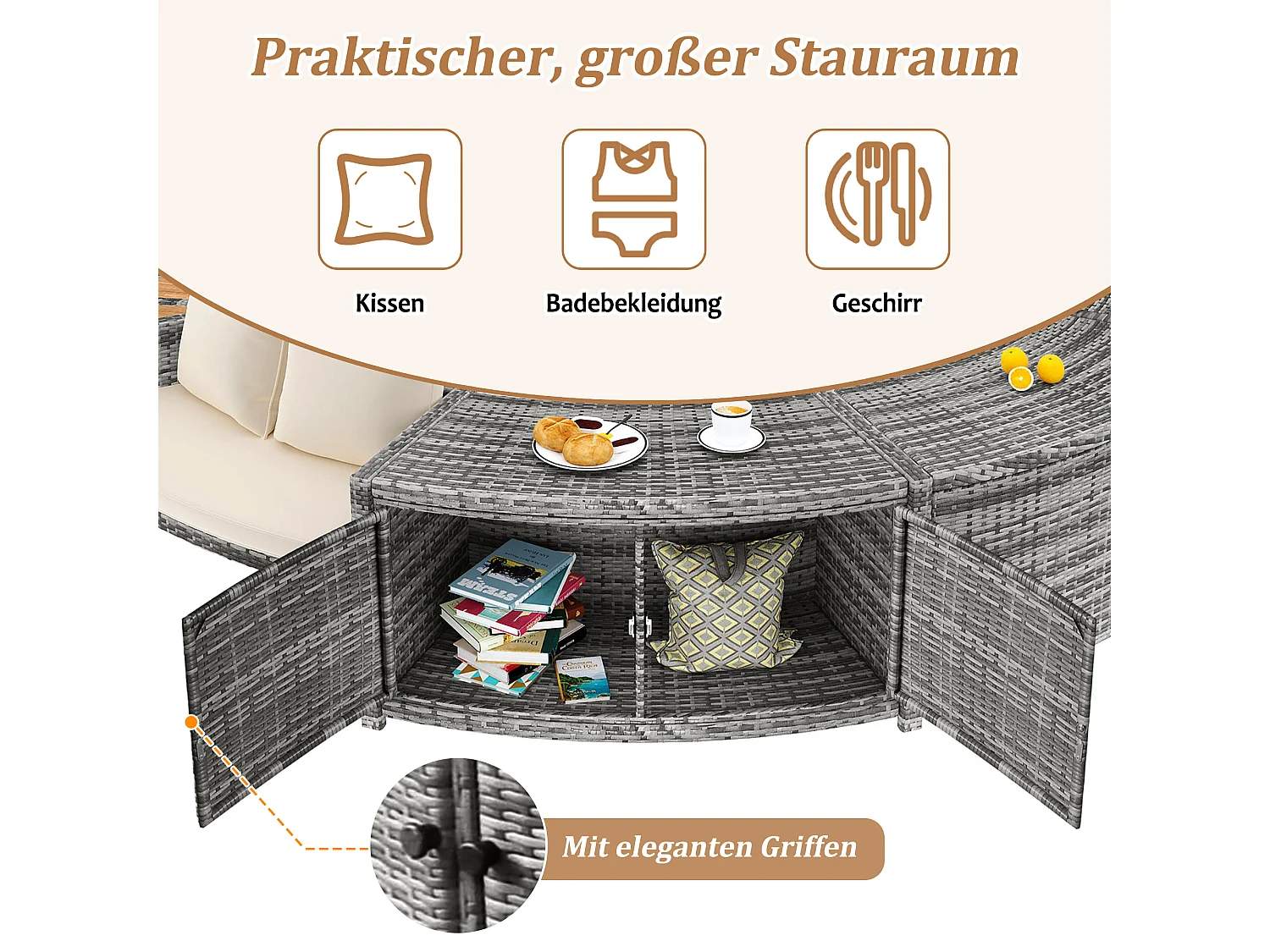 Set mobili da giardino per piscina - in PE Rattan e legno di acacia - con divano chaise longue - Grigio (piscina non inclusa)