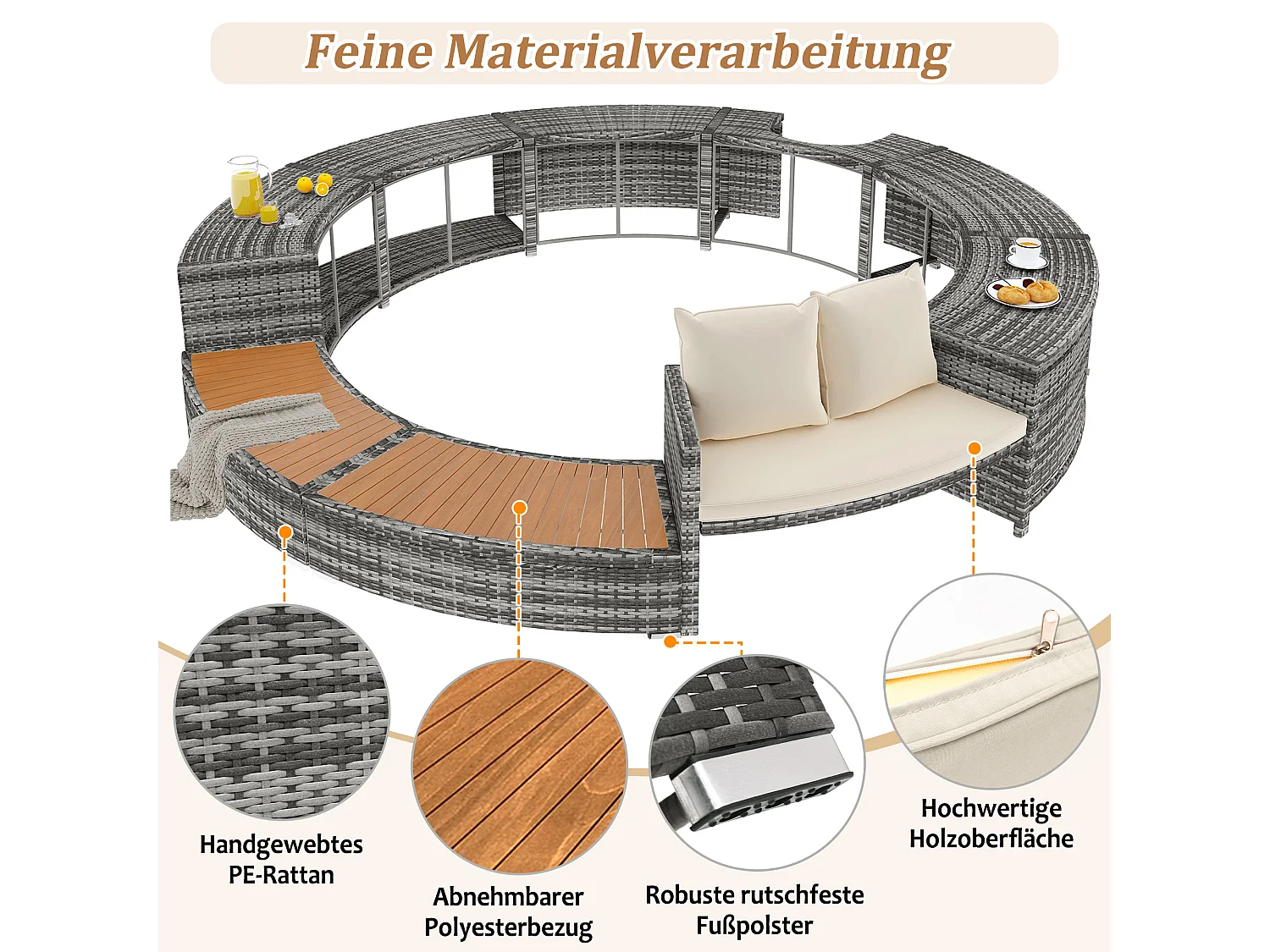Set mobili da giardino per piscina - in PE Rattan e legno di acacia - con divano chaise longue - Grigio (piscina non inclusa)