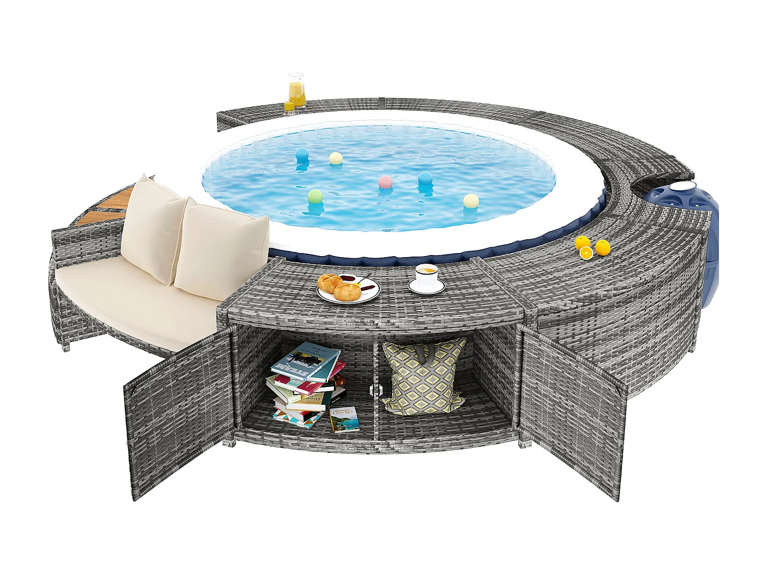 Set mobili da giardino per piscina - in PE Rattan e legno di acacia - con divano chaise longue - Grigio (piscina non inclusa)