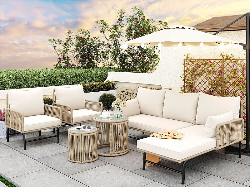 Gartenlounge-Set, 6-Sitzer Gartenmöbel mit gewebtem Seil (2 Sofas+2 Stühle+2 Tische) – Beige