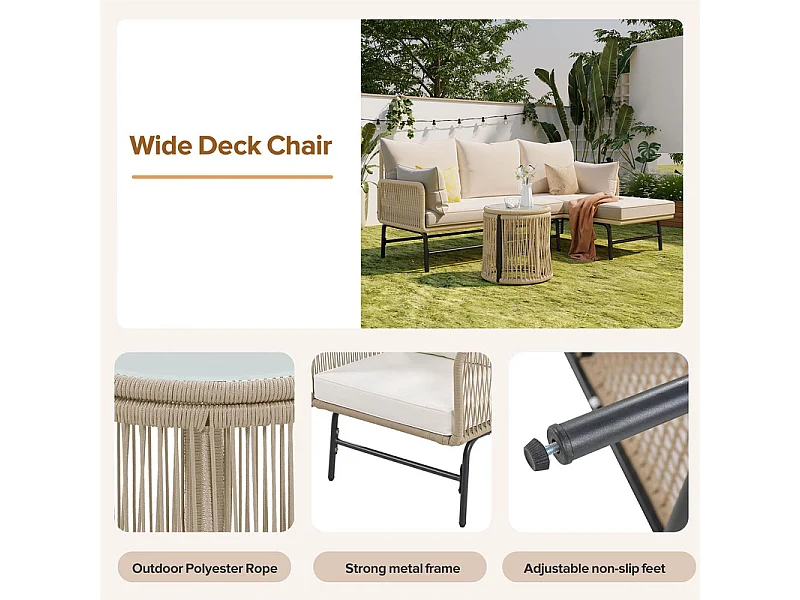 Muebles de jardín Iron and Rope - 2 sofás, 2 sillones y 2 mesas de centro extraíbles - con todos los cojines - Beige