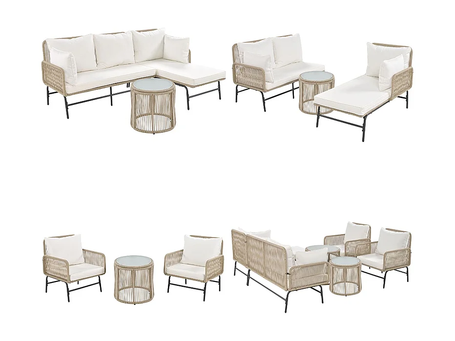 Muebles de jardín Iron and Rope - 2 sofás, 2 sillones y 2 mesas de centro extraíbles - con todos los cojines - Beige