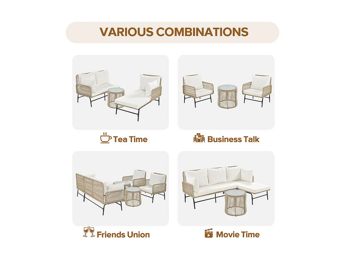 Muebles de jardín Iron and Rope - 2 sofás, 2 sillones y 2 mesas de centro extraíbles - con todos los cojines - Beige