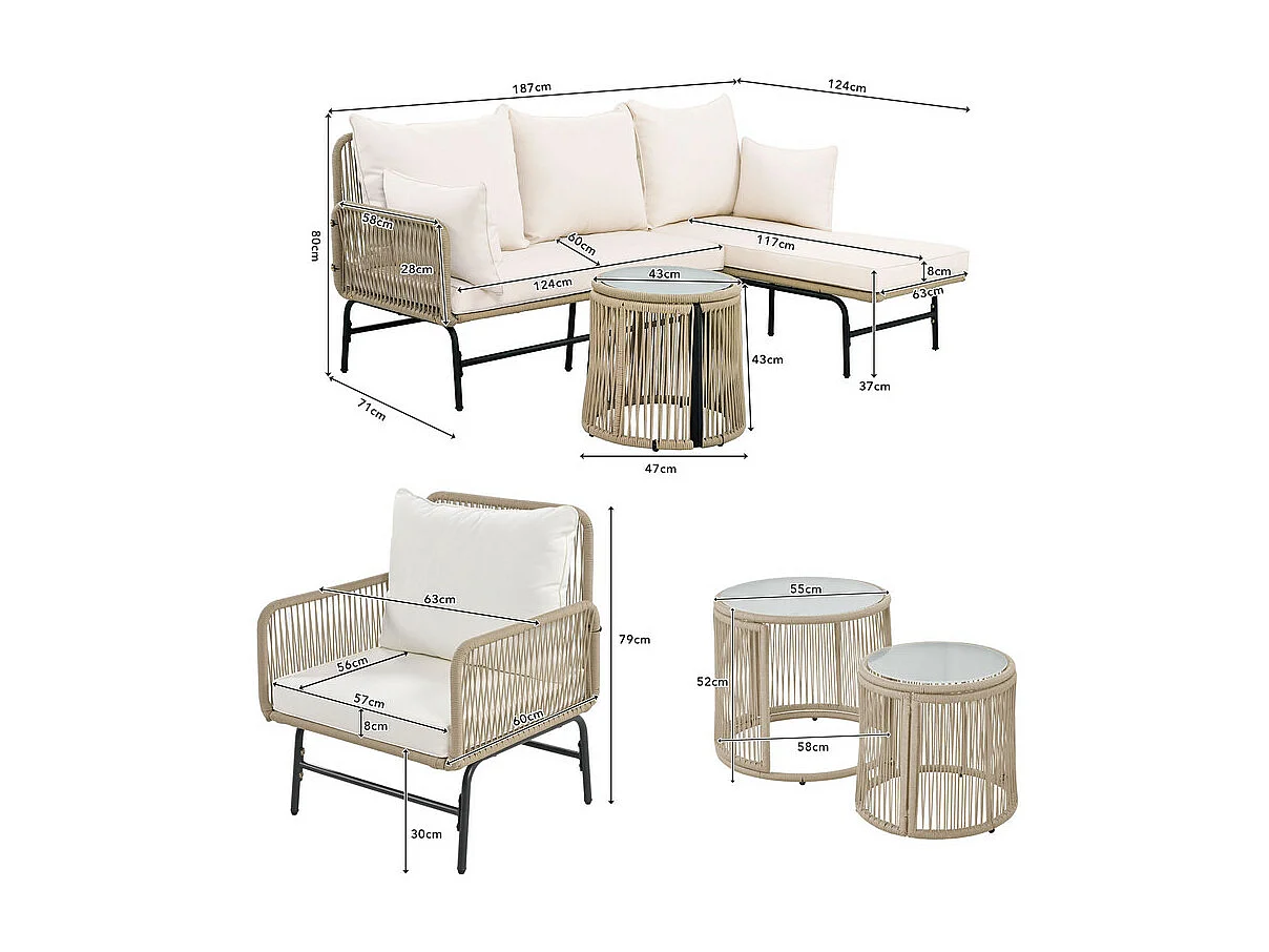 Muebles de jardín Iron and Rope - 2 sofás, 2 sillones y 2 mesas de centro extraíbles - con todos los cojines - Beige