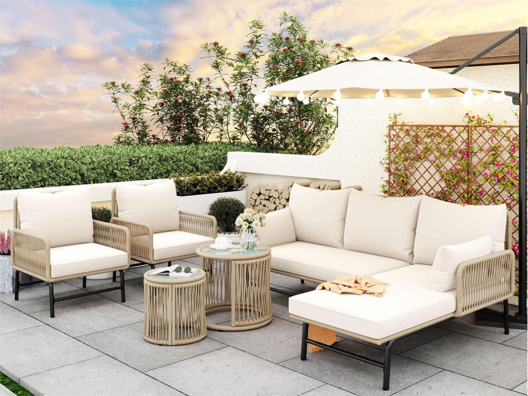 Muebles de jardín Iron and Rope - 2 sofás, 2 sillones y 2 mesas de centro extraíbles - con todos los cojines - Beige