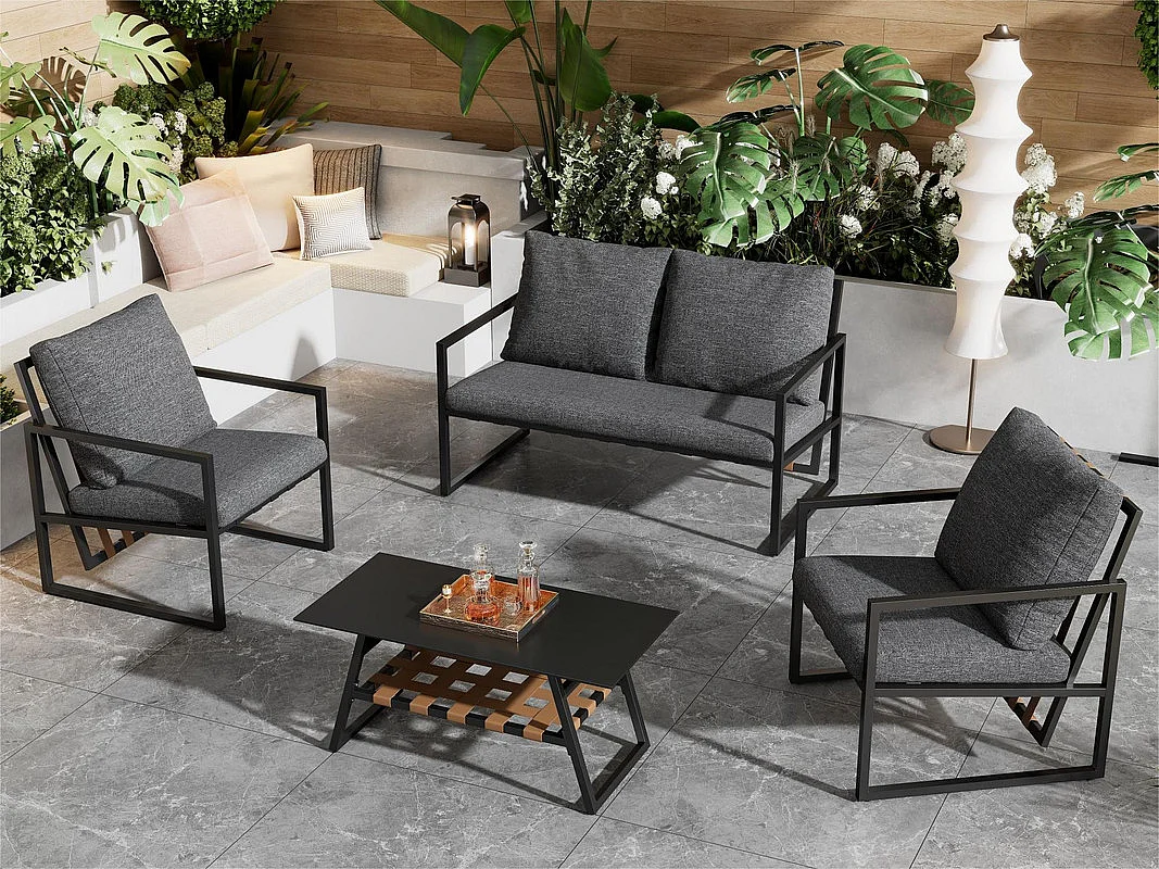 4-zits tuinmeubelen - bank, 2 fauteuils en 1 salontafel met plank - gegalvaniseerde stalen buis en PVC banden - afneembare en wasbare kussens - Zwart