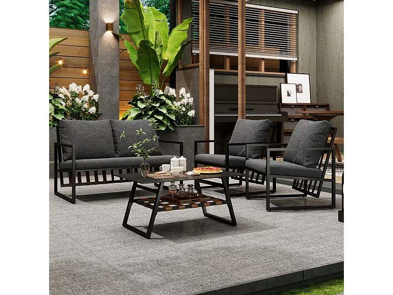 4-zits tuinmeubelen - bank, 2 fauteuils en 1 salontafel met plank - gegalvaniseerde stalen buis en PVC banden - afneembare en wasbare kussens - Zwart
